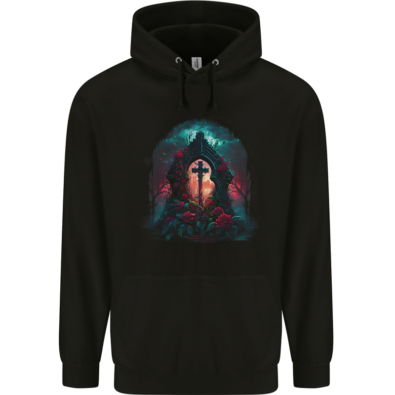A Gothic Cross at a Tombstone Gothic Fantasy Childrens Kids Hoodie Black