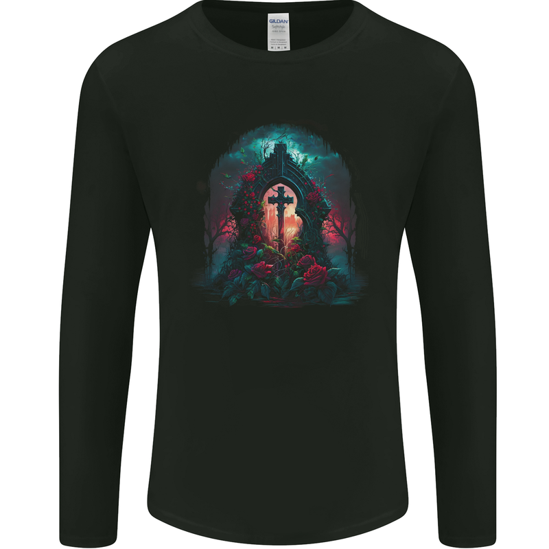 A Gothic Cross at a Tombstone Gothic Fantasy Mens Long Sleeve T-Shirt Black