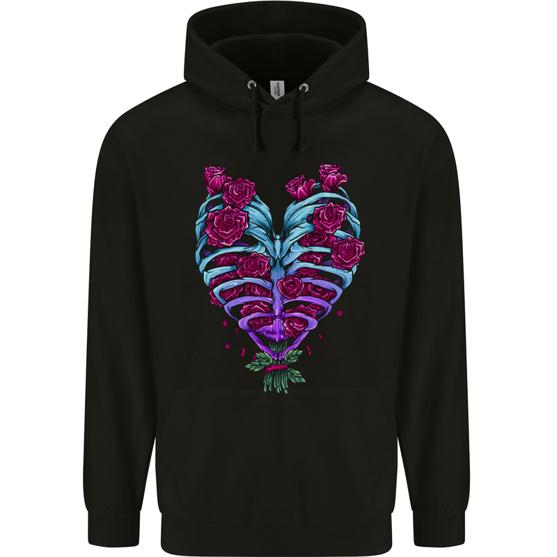 A Gothic Heart With Roses Skull Mens 80% Cotton Hoodie Black