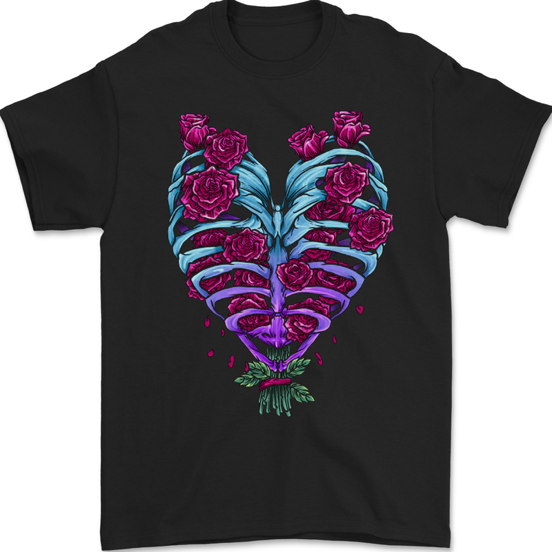 A Gothic Heart With Roses Skull Mens Gildan Cotton T-Shirt Black