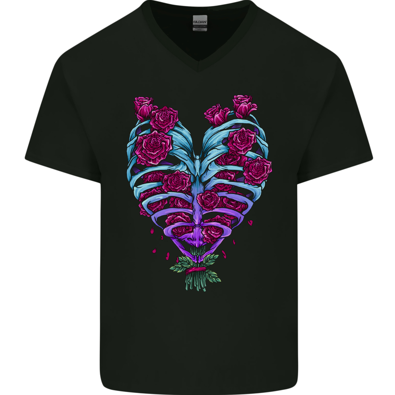 A Gothic Heart With Roses Skull Mens V-Neck Cotton T-Shirt Black