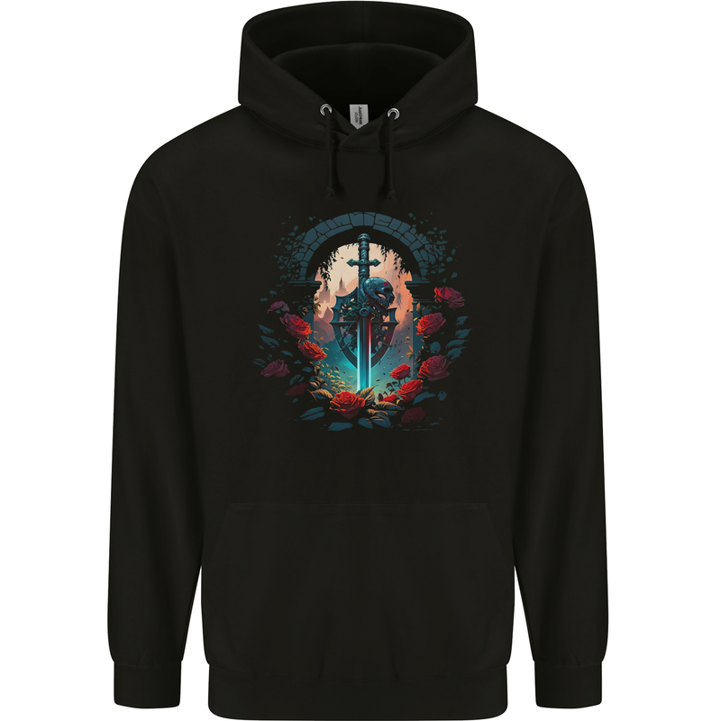 A Gothic Medieval Sword and Skull Childrens Kids Hoodie Black