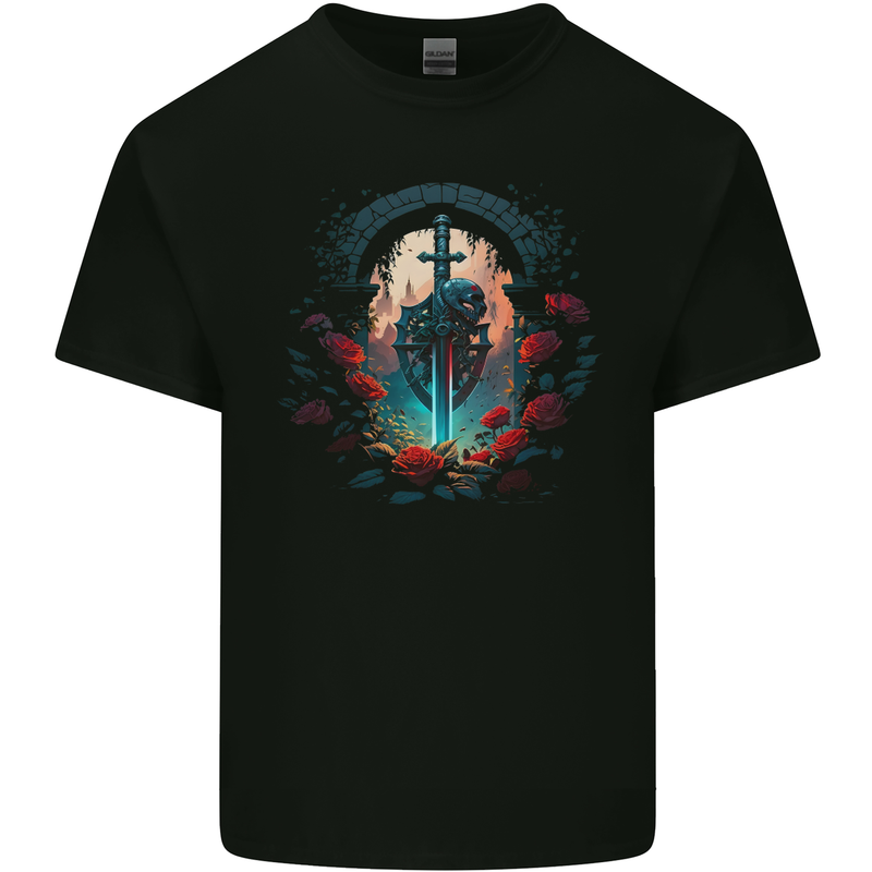 A Gothic Medieval Sword and Skull Kids T-Shirt Childrens Black