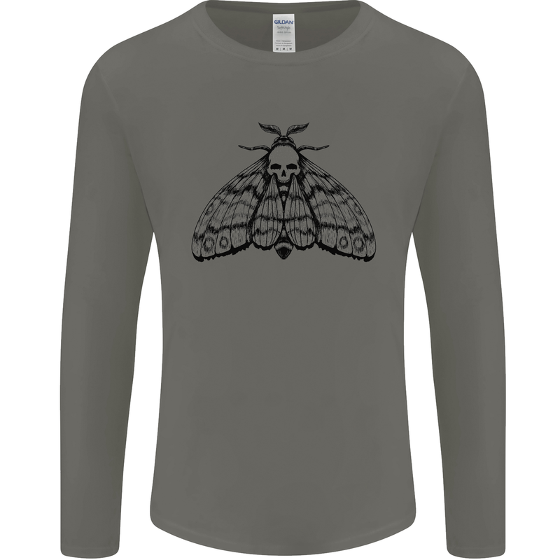 A Gothic Moth Skull Mens Long Sleeve T-Shirt Charcoal