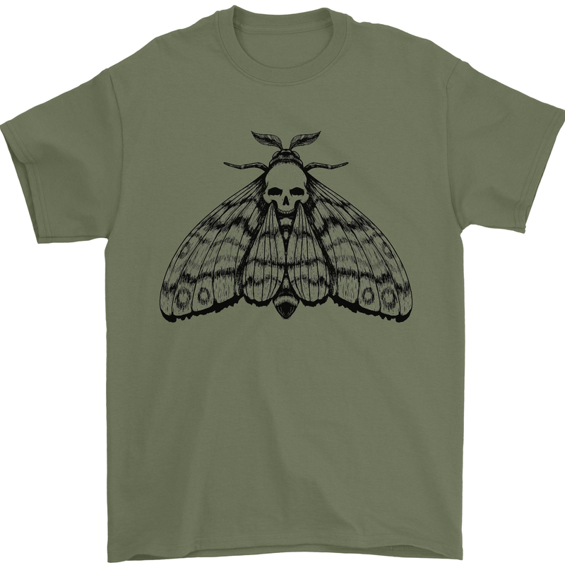 A Gothic Moth Skull Mens T-Shirt 100% Cotton Military Green