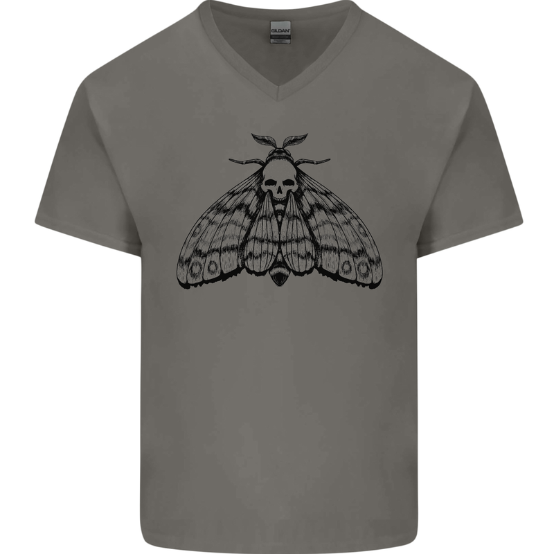A Gothic Moth Skull Mens V-Neck Cotton T-Shirt Charcoal
