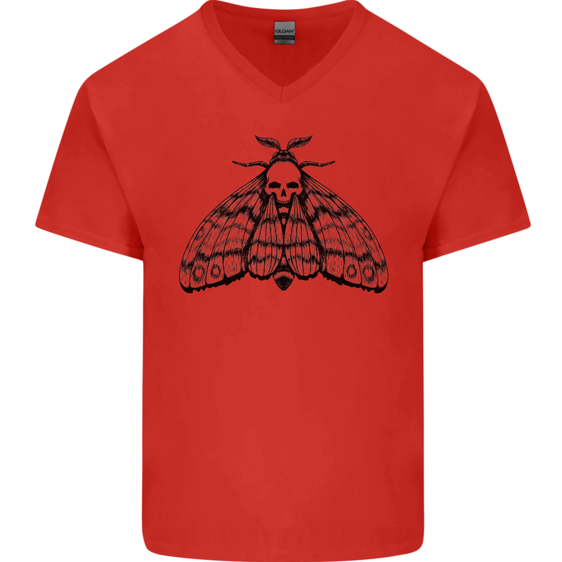 A Gothic Moth Skull Mens V-Neck Cotton T-Shirt Red