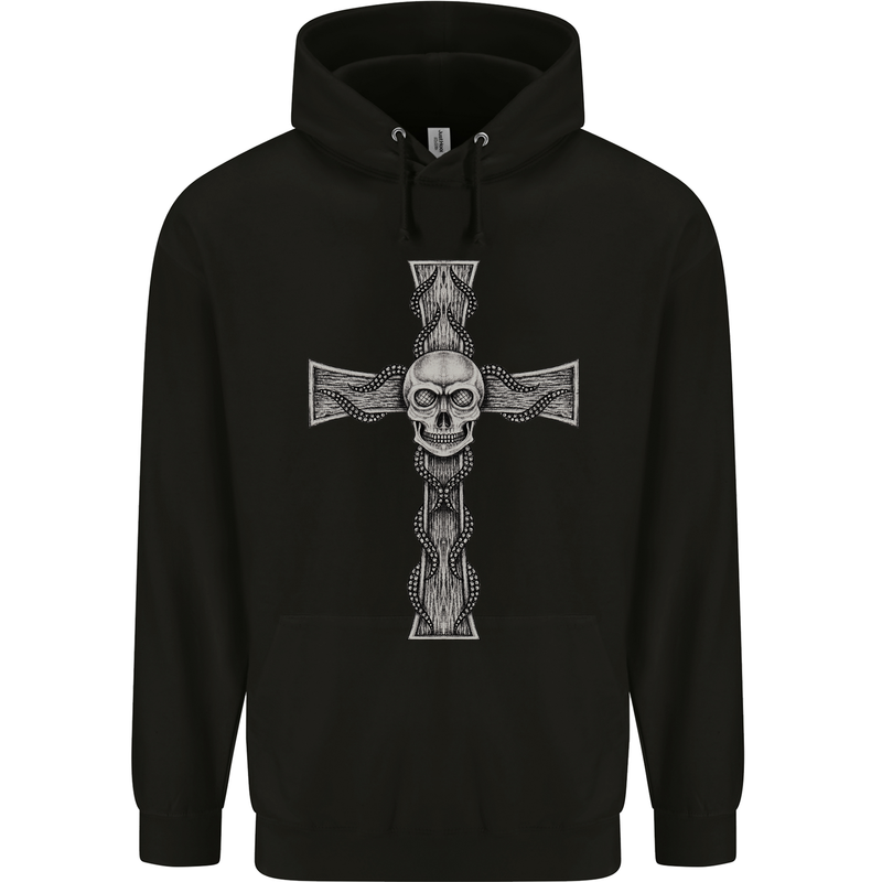 A Gothic Skull and Tentacles on a Cross Childrens Kids Hoodie Black