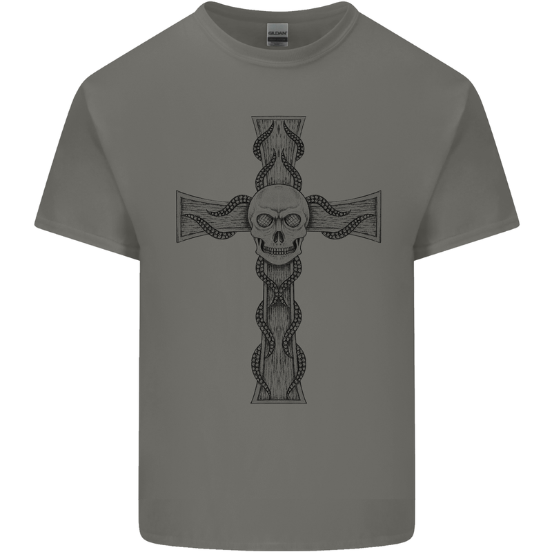 A Gothic Skull and Tentacles on a Cross Kids T-Shirt Childrens Charcoal