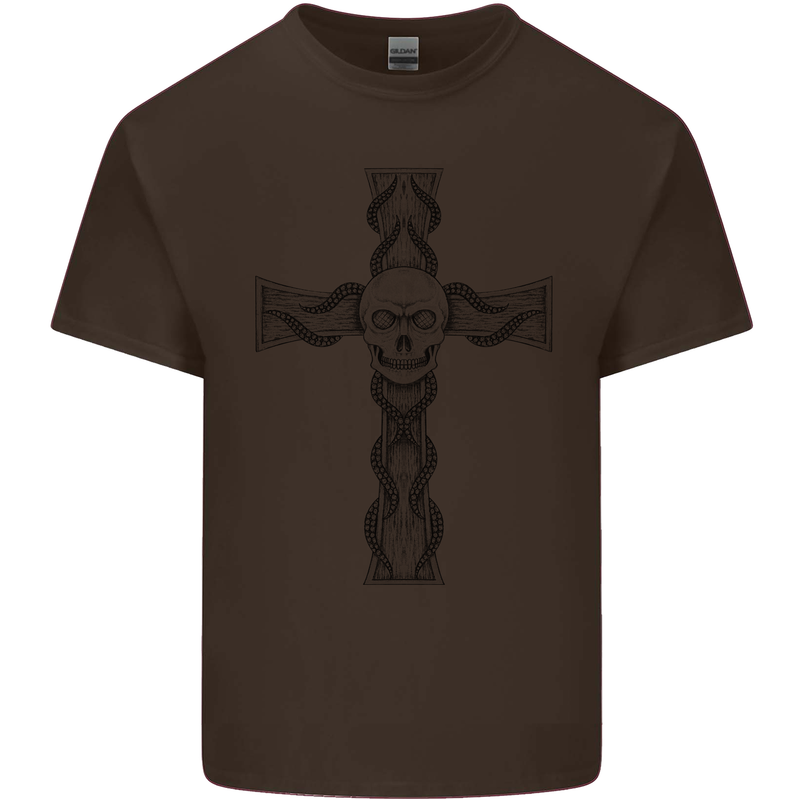 A Gothic Skull and Tentacles on a Cross Kids T-Shirt Childrens Chocolate