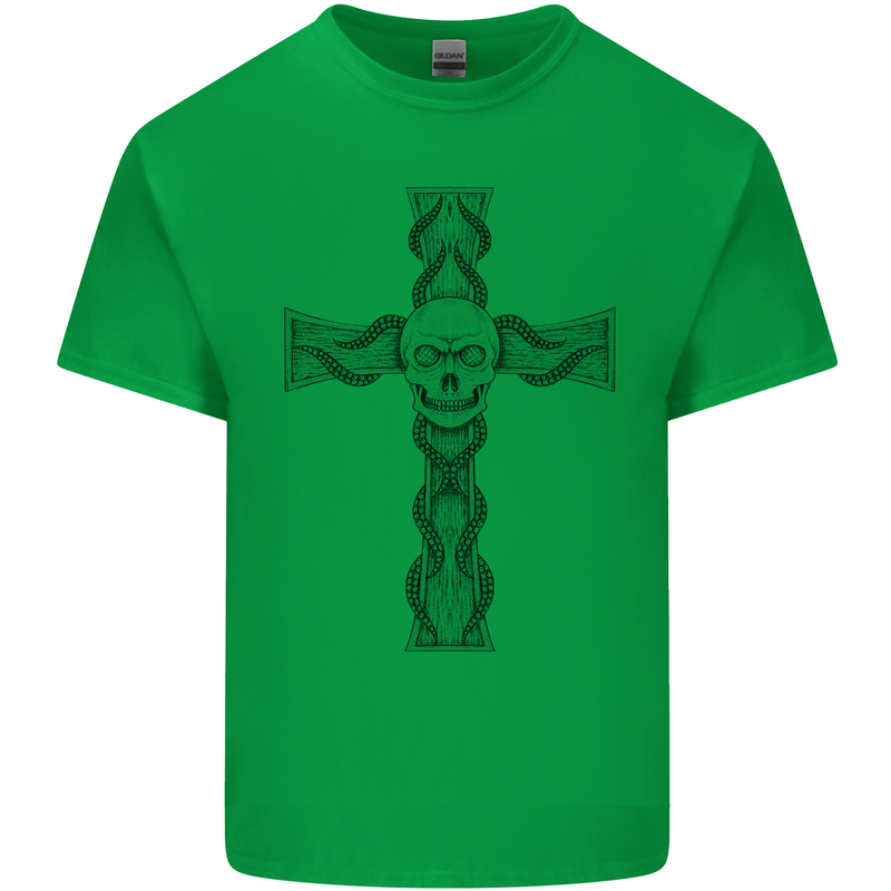 A Gothic Skull and Tentacles on a Cross Kids T-Shirt Childrens Irish Green