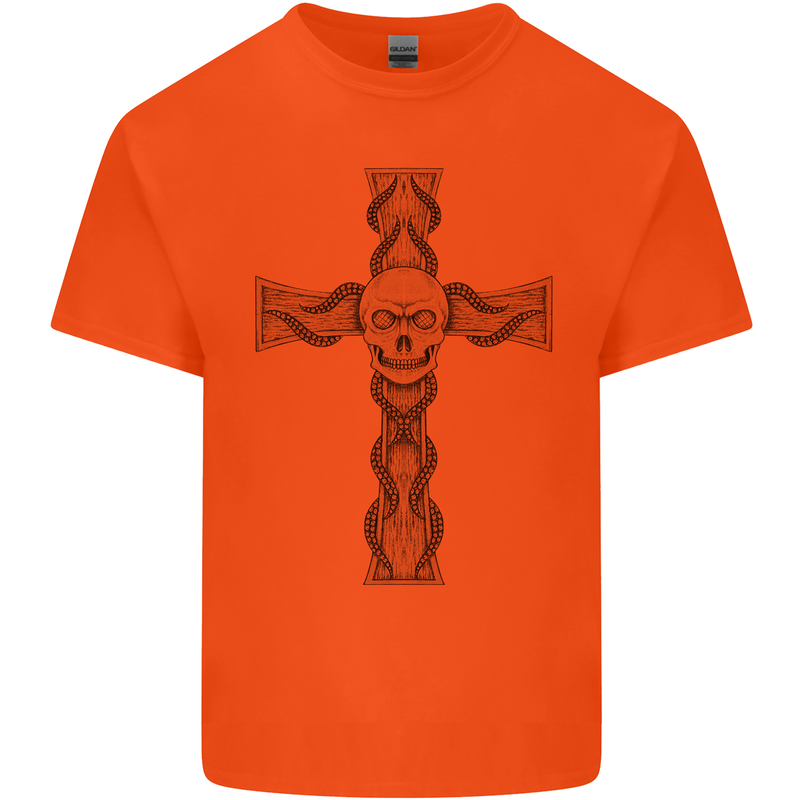 A Gothic Skull and Tentacles on a Cross Kids T-Shirt Childrens Orange
