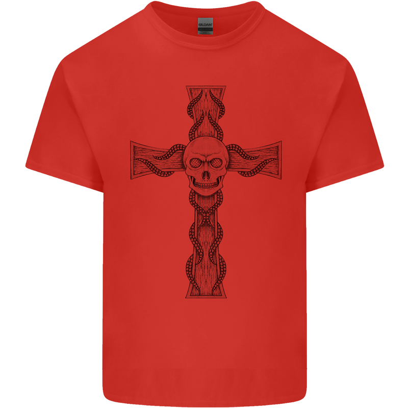 A Gothic Skull and Tentacles on a Cross Kids T-Shirt Childrens Red