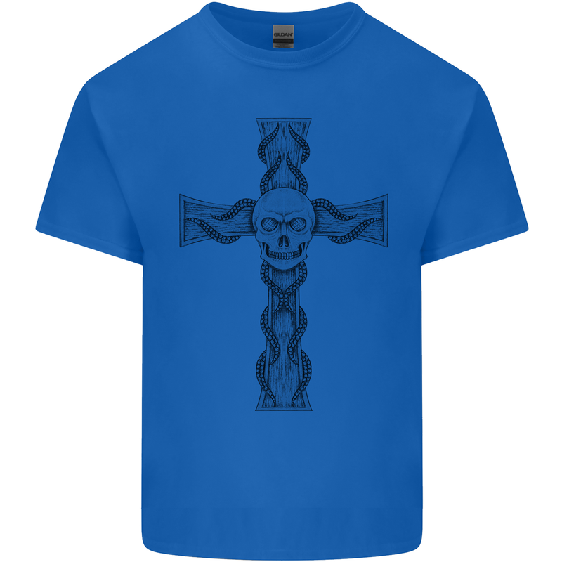 A Gothic Skull and Tentacles on a Cross Kids T-Shirt Childrens Royal Blue