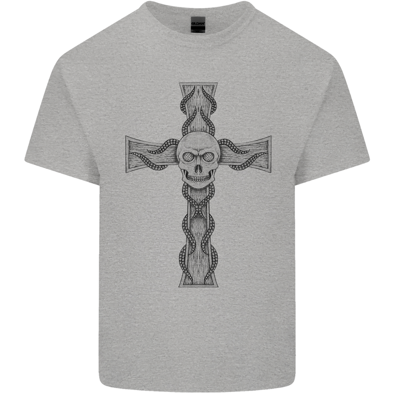 A Gothic Skull and Tentacles on a Cross Kids T-Shirt Childrens Sports Grey