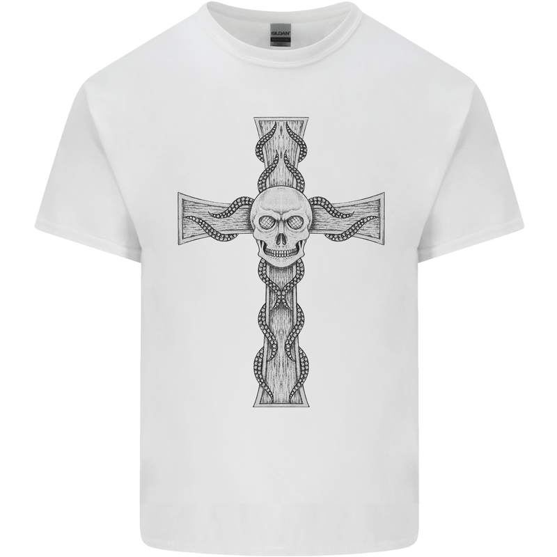 A Gothic Skull and Tentacles on a Cross Kids T-Shirt Childrens White