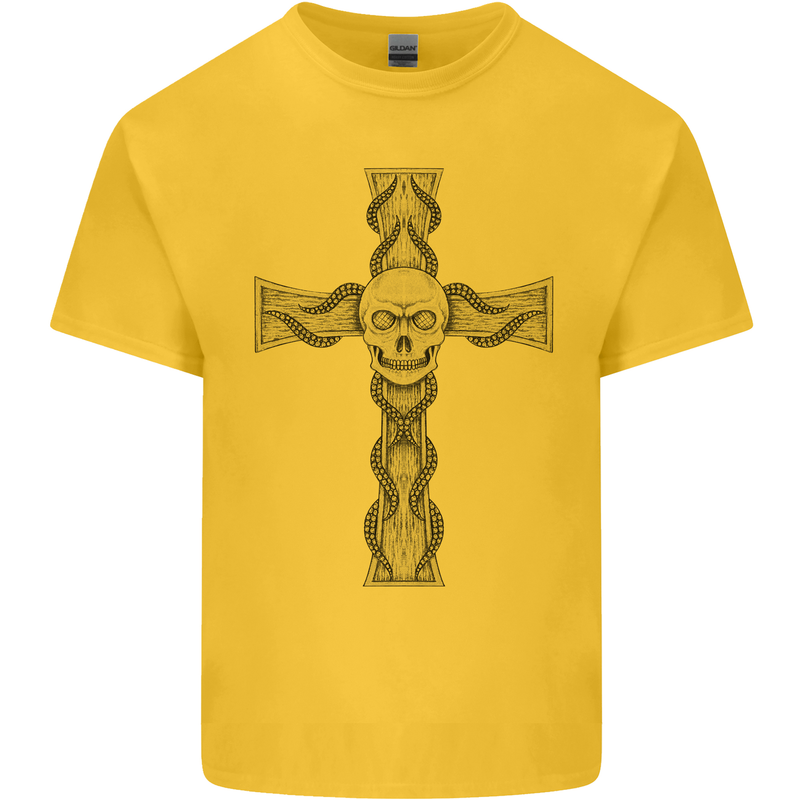 A Gothic Skull and Tentacles on a Cross Kids T-Shirt Childrens Yellow