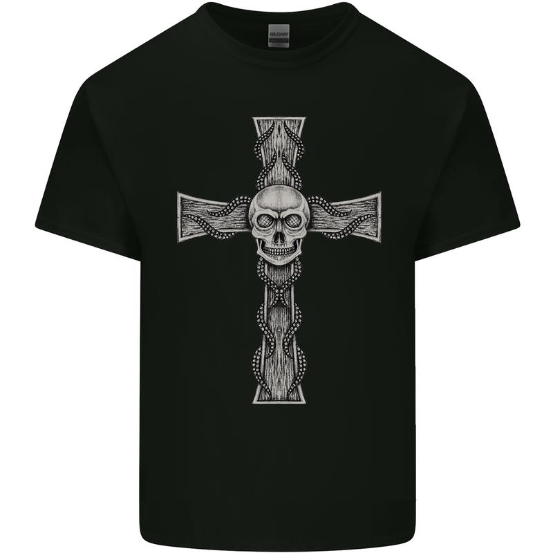 A Gothic Skull and Tentacles on a Cross Mens Cotton T-Shirt Tee Top Black