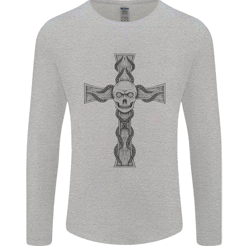 A Gothic Skull and Tentacles on a Cross Mens Long Sleeve T-Shirt Sports Grey