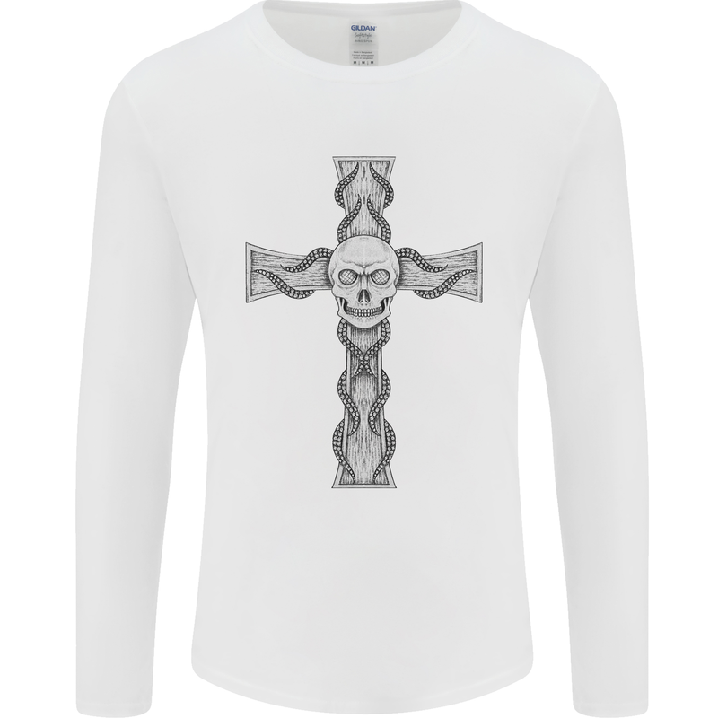 A Gothic Skull and Tentacles on a Cross Mens Long Sleeve T-Shirt White