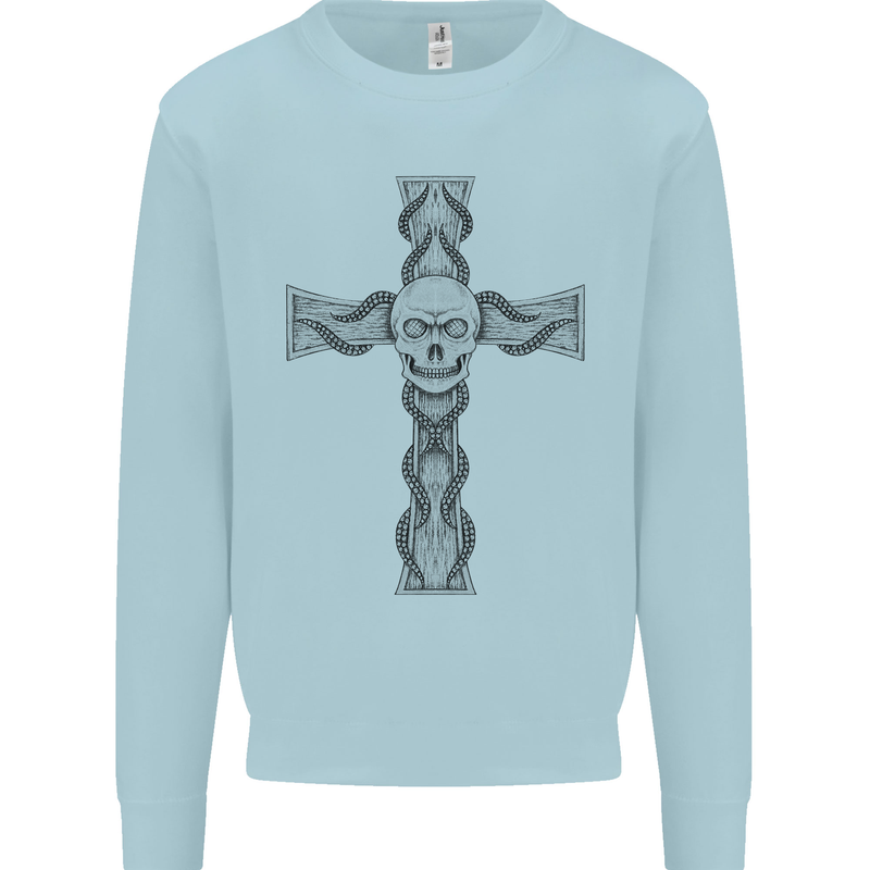 A Gothic Skull and Tentacles on a Cross Mens Sweatshirt Jumper Light Blue