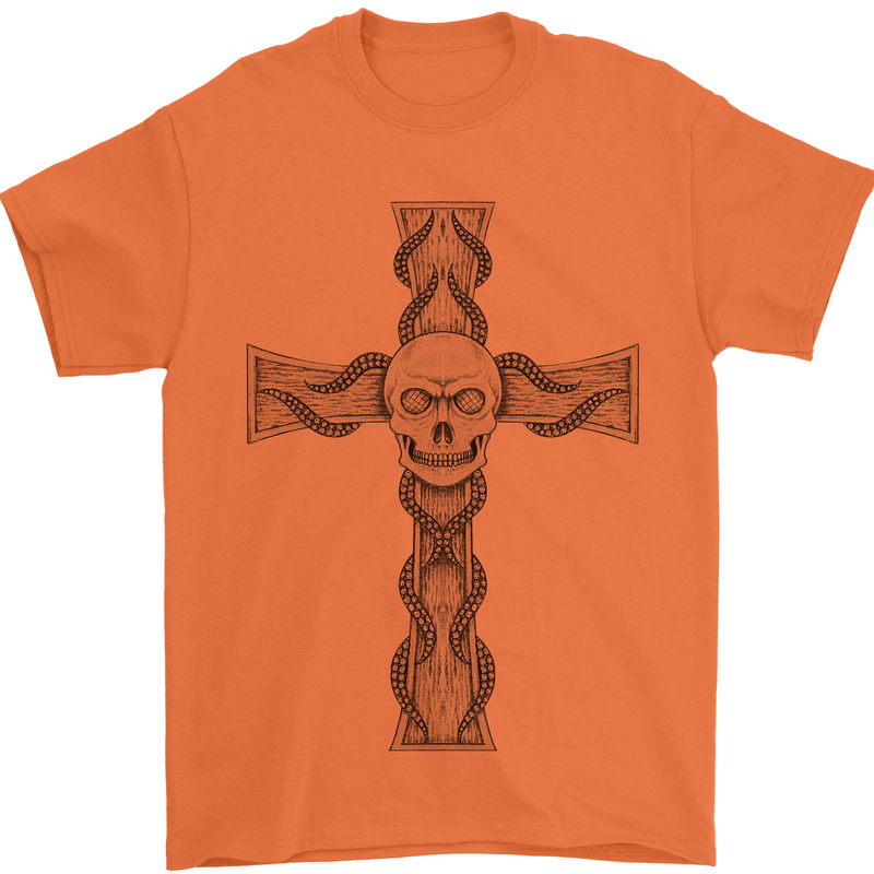 A Gothic Skull and Tentacles on a Cross Mens T-Shirt Cotton Gildan Orange