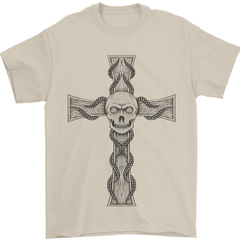 A Gothic Skull and Tentacles on a Cross Mens T-Shirt Cotton Gildan Sand