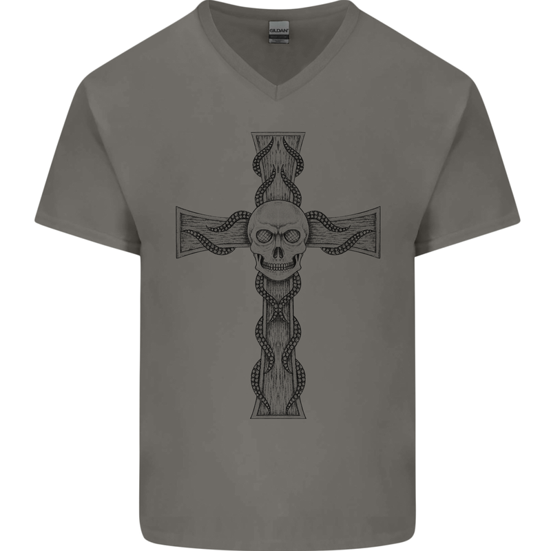 A Gothic Skull and Tentacles on a Cross Mens V-Neck Cotton T-Shirt Charcoal