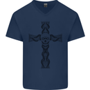 A Gothic Skull and Tentacles on a Cross Mens V-Neck Cotton T-Shirt Navy Blue