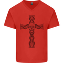 A Gothic Skull and Tentacles on a Cross Mens V-Neck Cotton T-Shirt Red