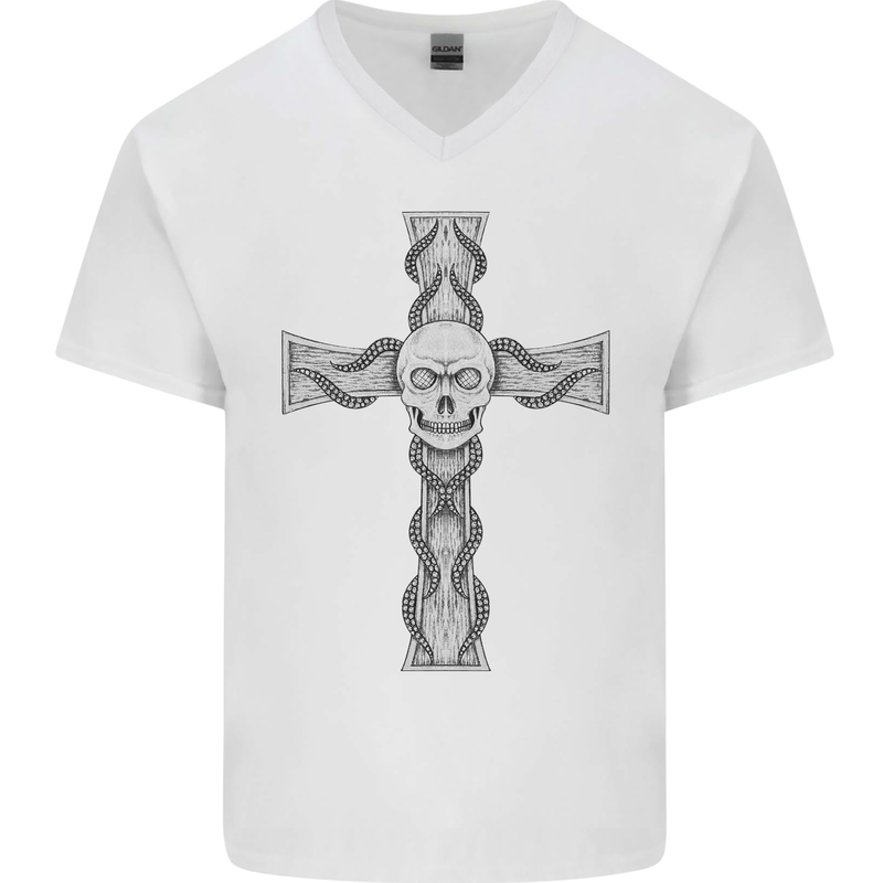 A Gothic Skull and Tentacles on a Cross Mens V-Neck Cotton T-Shirt White