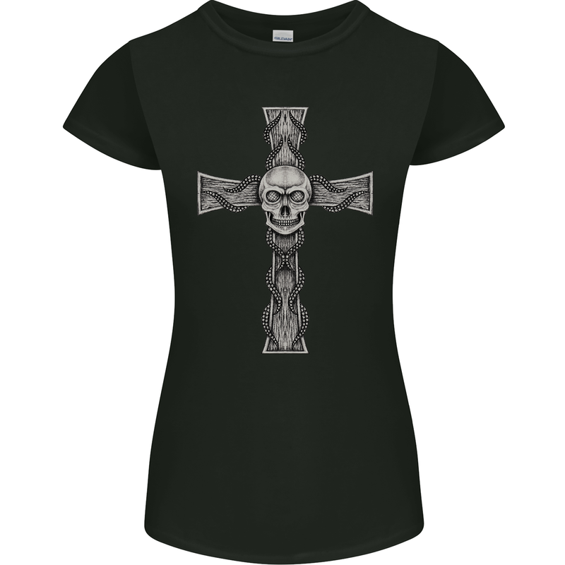 A Gothic Skull and Tentacles on a Cross Womens Petite Cut T-Shirt Black