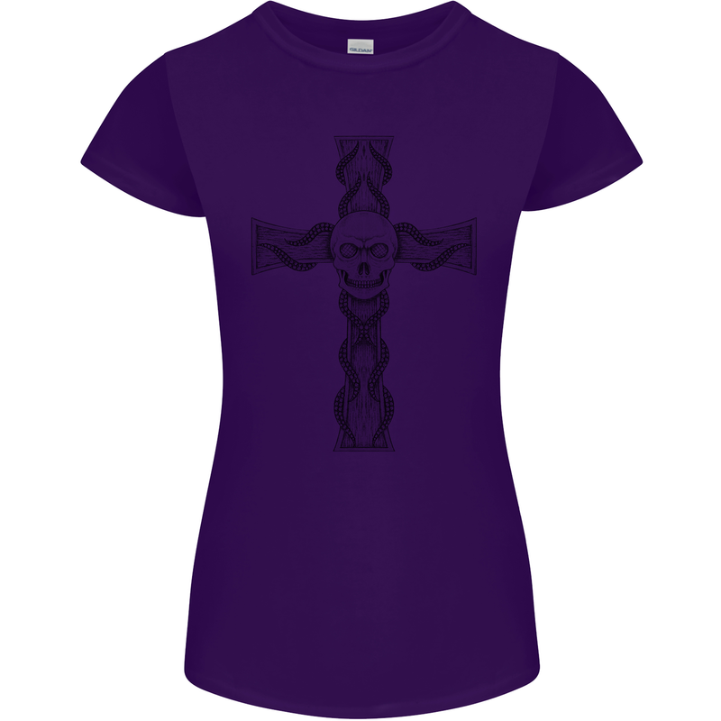 A Gothic Skull and Tentacles on a Cross Womens Petite Cut T-Shirt Purple