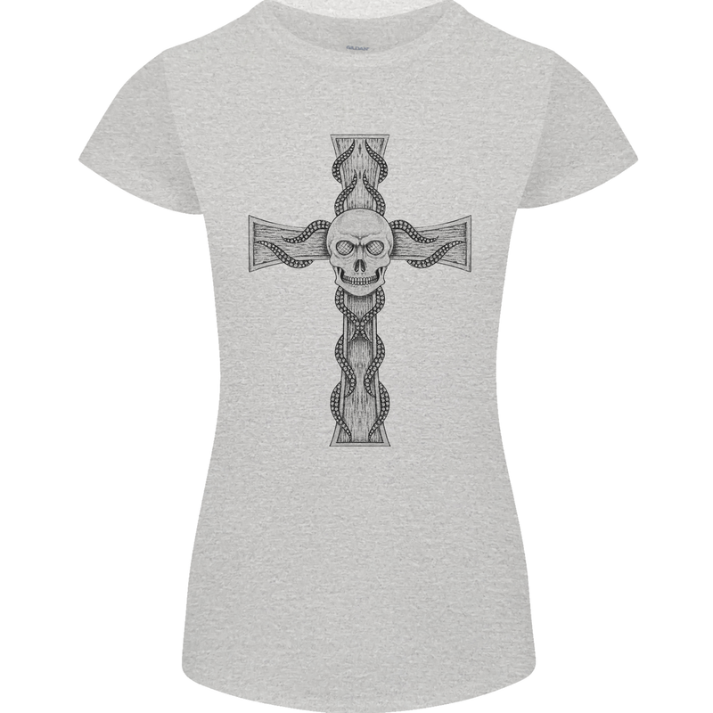 A Gothic Skull and Tentacles on a Cross Womens Petite Cut T-Shirt Sports Grey