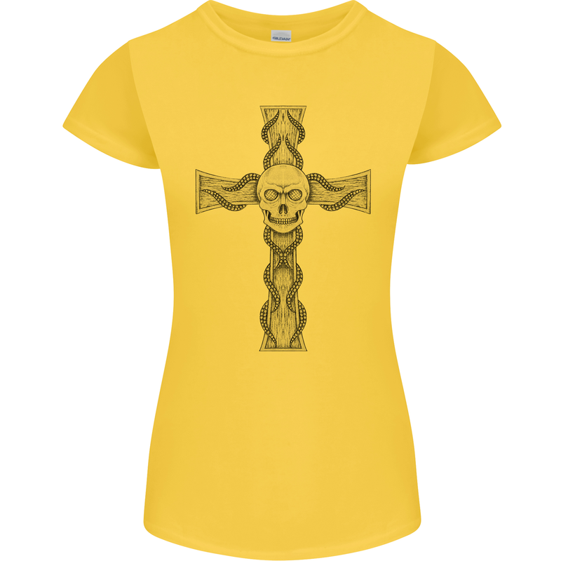 A Gothic Skull and Tentacles on a Cross Womens Petite Cut T-Shirt Yellow