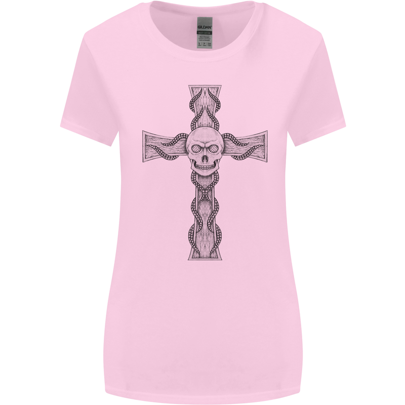 A Gothic Skull and Tentacles on a Cross Womens Wider Cut T-Shirt Light Pink