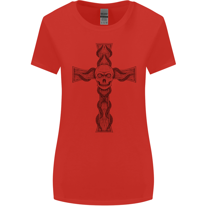 A Gothic Skull and Tentacles on a Cross Womens Wider Cut T-Shirt Red