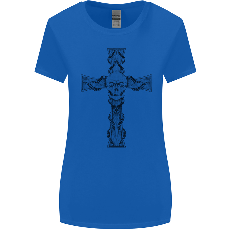 A Gothic Skull and Tentacles on a Cross Womens Wider Cut T-Shirt Royal Blue