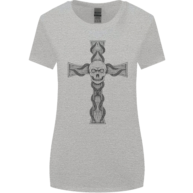 A Gothic Skull and Tentacles on a Cross Womens Wider Cut T-Shirt Sports Grey