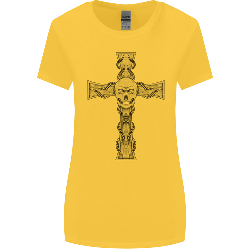 A Gothic Skull and Tentacles on a Cross Womens Wider Cut T-Shirt Yellow