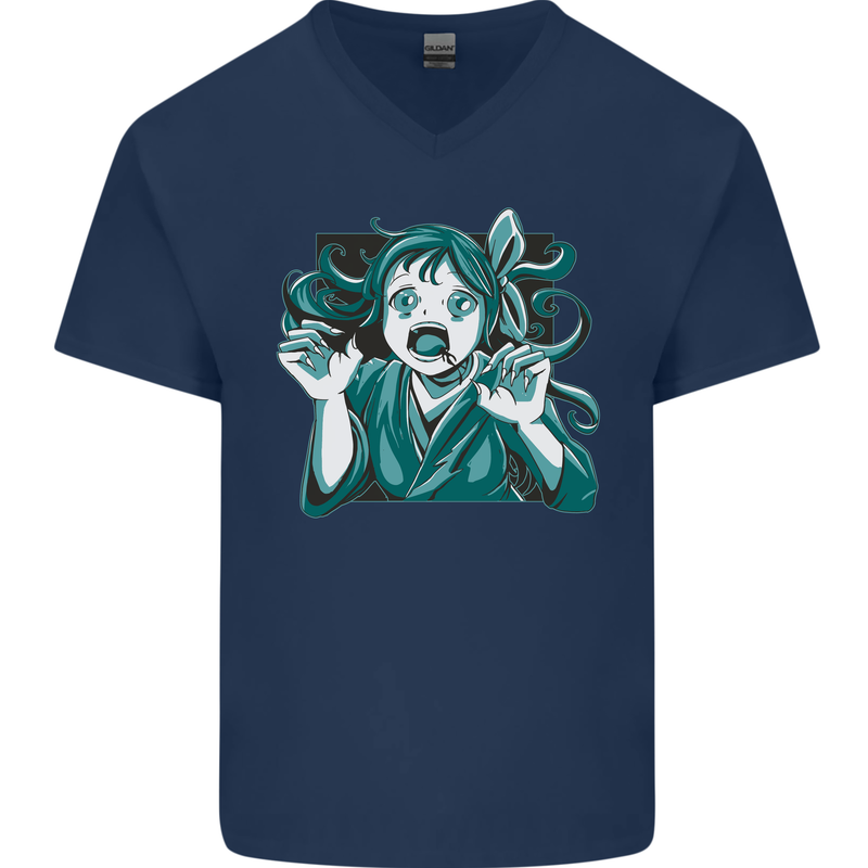 A Gothic Zombie Teddy Bear Halloween Mens V-Neck Cotton T-Shirt Navy Blue