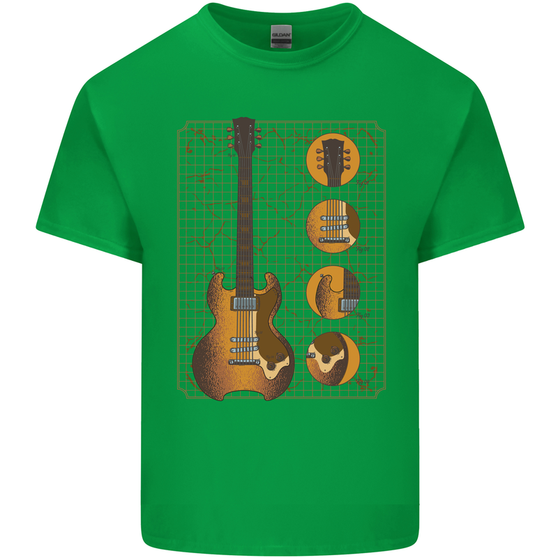 A Guitar Blueprint Music Rock n Roll Guitarist Mens Cotton T-Shirt Tee Top Irish Green