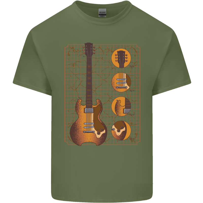 A Guitar Blueprint Music Rock n Roll Guitarist Mens Cotton T-Shirt Tee Top Military Green