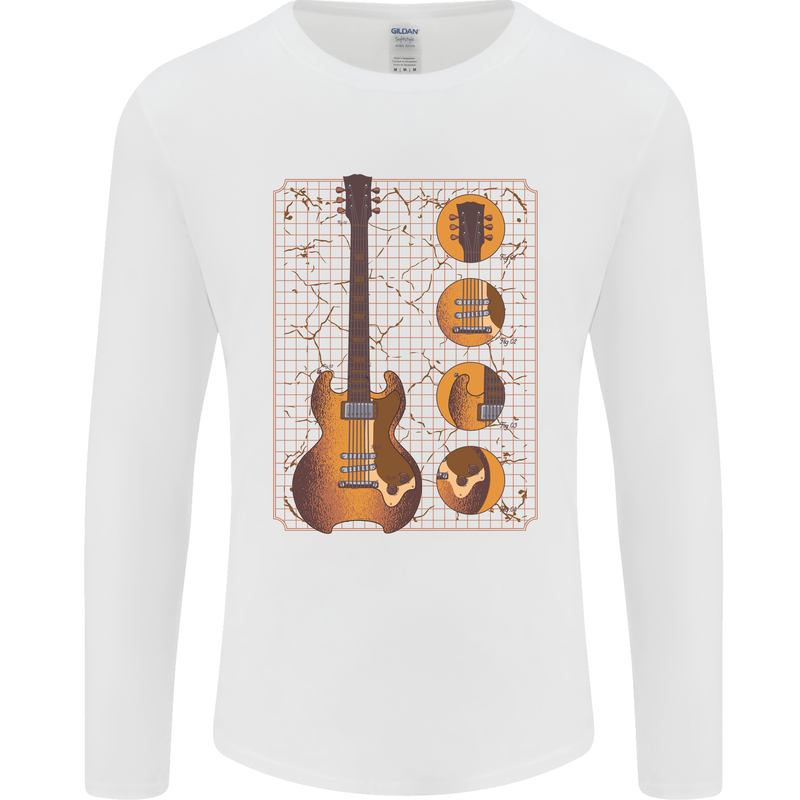 A Guitar Blueprint Music Rock n Roll Guitarist Mens Long Sleeve T-Shirt White