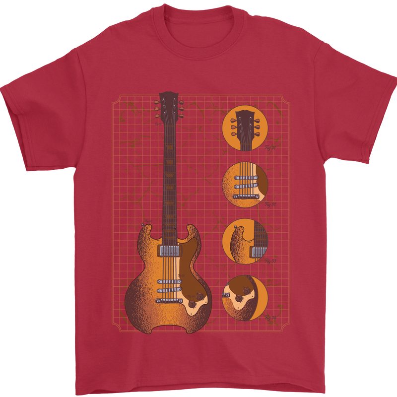 A Guitar Blueprint Music Rock n Roll Guitarist Mens T-Shirt 100% Cotton Red