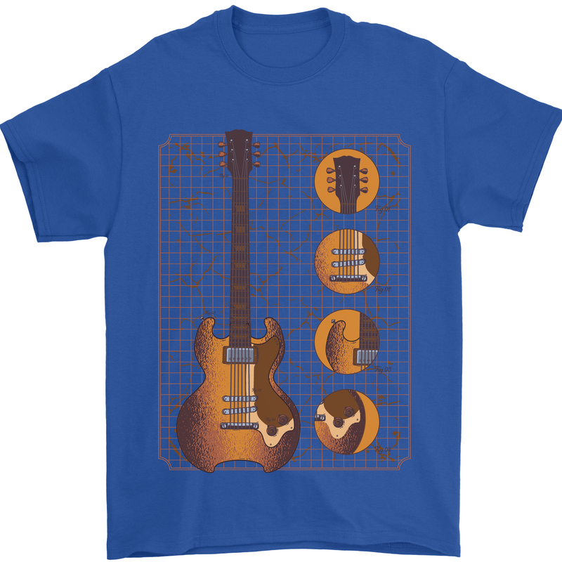 A Guitar Blueprint Music Rock n Roll Guitarist Mens T-Shirt 100% Cotton Royal Blue
