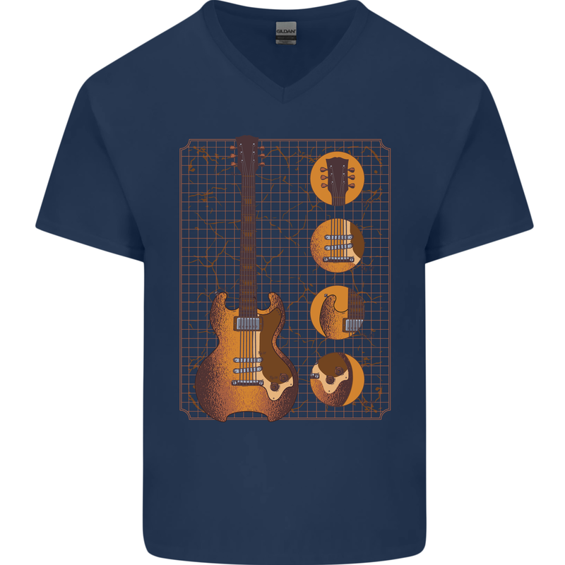 A Guitar Blueprint Music Rock n Roll Guitarist Mens V-Neck Cotton T-Shirt Navy Blue
