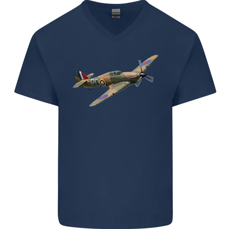 A Hawker Hurricane Flying Solo Mens V-Neck Cotton T-Shirt Navy Blue