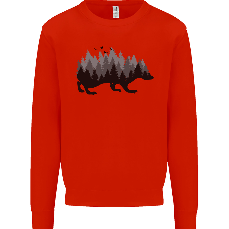 A Hedgehog Depicting a Forest Kids Sweatshirt Jumper Bright Red