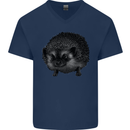 A Hedgehog Drawing Mens V-Neck Cotton T-Shirt Navy Blue